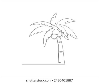 Línea Continua De Dibujo De Árbol De Coco. Una Línea De Cocotero. Línea de arte continuo del árbol de coco. Contorno editable.

