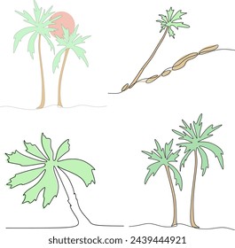 Dibujo de línea continua de cocoteros, concepto de naturaleza, ilustración vectorial de verano