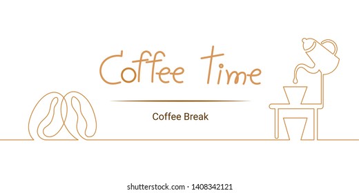 continuous line drawing of coffee bean and drip coffee on white background. time for relax.