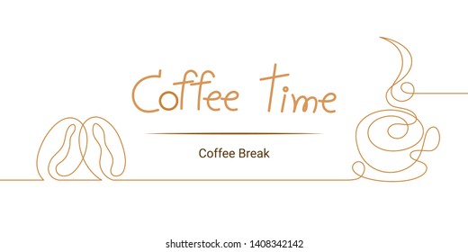 continuous line drawing of coffee bean and cup on white background. time for relax.