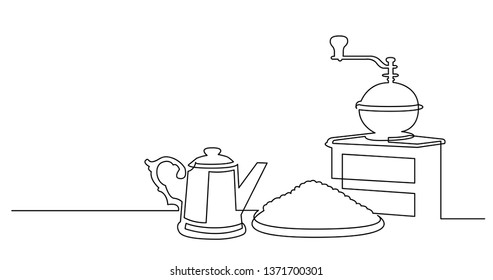 continuous line drawing of coffee beans pot and vintage coffee grinder