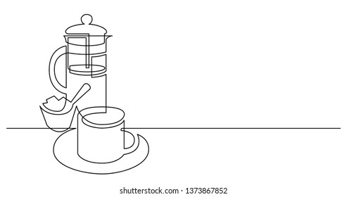 continuous line drawing of coffee cup sugar and french press