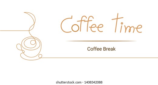 continuous line drawing of coffee cup and steam on white background. time for relax.