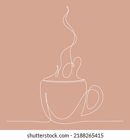 continuous line drawing of a coffee cup illustration isolated on red brown background