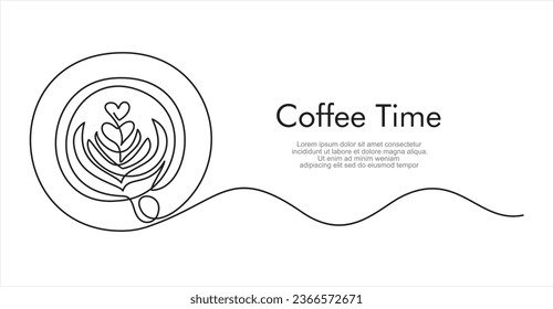 Continuous line drawing of Coffee cup top view. Coffee time. Break time, good morning, drinks menu design concept. 