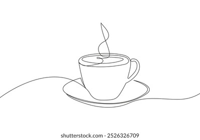 continuous line drawing of a coffee cup, showcasing minimalist and elegant design. The simple yet artistic rendering captures the essence of a coffee break with clean lines and a modern aesthetic.