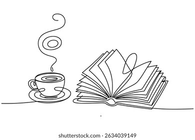 Continuous Line Drawing of Coffee Cup and Open Book Vector