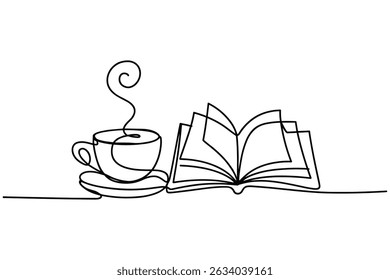 Continuous Line Drawing of Coffee Cup and Open Book Vector