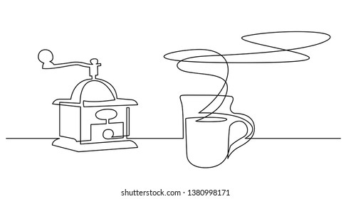 continuous line drawing of coffee grinder and fresh smelling cup of coffee