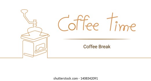 continuous line drawing of coffee grinder on white background. time for relax.