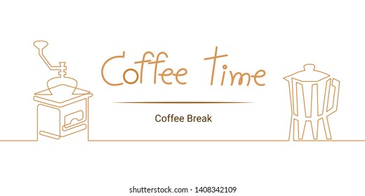 continuous line drawing of coffee grinder and pot on white background. time for relax.