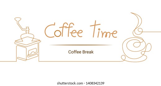 continuous line drawing of coffee grinder and cup on white background. time for relax.