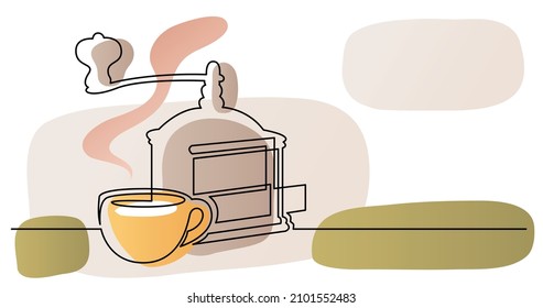 continuous line drawing of coffee grinder and cup on table