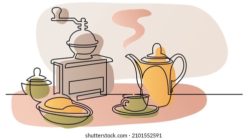 dibujo de línea continua del tarro de molino de café desayuno y taza de café