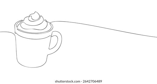 Continuous line drawing of a coffee mug topped with whipped cream, ideal for hot drink, morning, or cafe-themed content.
