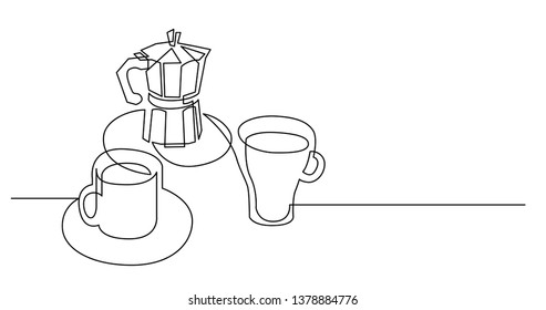 continuous line drawing of coffee pot with two cups of coffee on table top