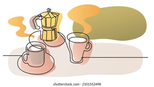 continuous line drawing of coffee pot with two cups of coffee on table top