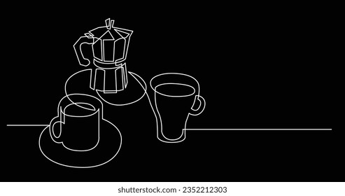 continuous line drawing of coffee pot with two cups of coffee on table top