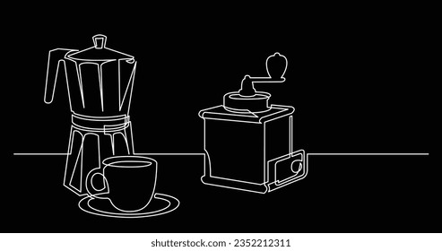 continuous line drawing of coffee pot grinder and coffee cup