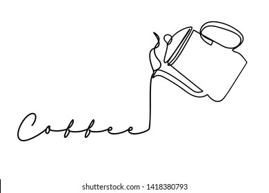 Continuous line, drawing of coffee, tea and coffee mug happy. Vector illustrations