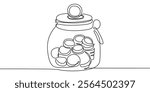 Continuous line drawing of a coin dropping into a jar, representing financial contributions and saving. Vector illustration hand drawn.