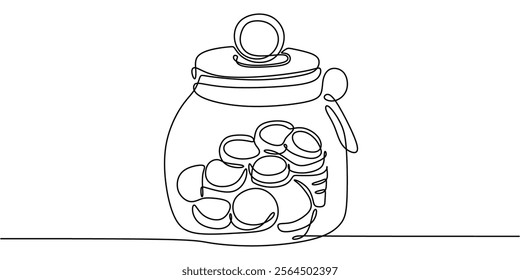 Continuous line drawing of a coin dropping into a jar, representing financial contributions and saving. Vector illustration hand drawn.