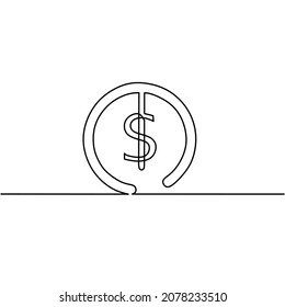 Dibujo continuo de línea de icono de moneda, financiación empresarial en dólares, dibujo manual, arte de una sola línea, objeto una línea, ilustración vectorial