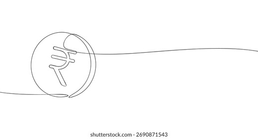 Continuous line drawing of a coin with Indian rupee symbol. Minimal vector outline illustration of currency, finance, economy, money, or banking design template.