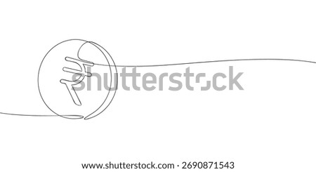 Continuous line drawing of a coin with Indian rupee symbol. Minimal vector outline illustration of currency, finance, economy, money, or banking design template.