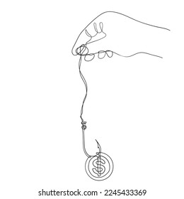 continuous line drawing coin on fishing hook illustration vector