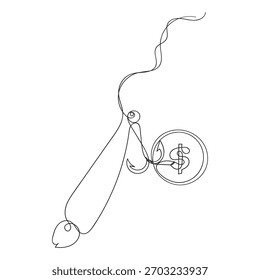 continuous line drawing coin on fishing hook illustration vector
