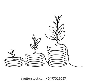 Continuous line drawing of Coins stack with tree growing. vector design line art illustration money and plant on transparent background. Business investing concept