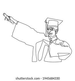 Continuous line drawing. College graduate with hat and mantle. Vector illustration