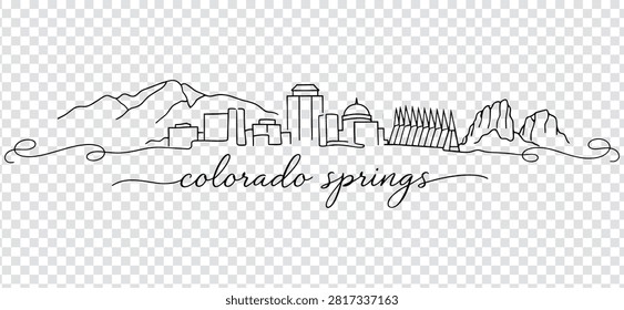 Continuous line drawing of Colorado Springs city skyline with Pikes Peak and Garden of the Gods, vector illustration isolated on white background.