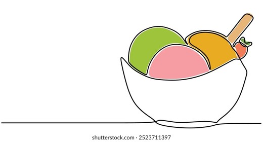 Desenho de linha contínua de sorvete colorido em uma tigela. Um design de sobremesa divertido e minimalista. Ilustração vetorial.