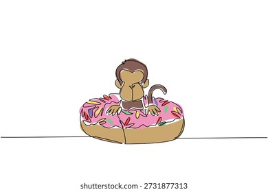 Dibujo de línea continua de mono colorido representa un animal lindo sentado dentro de la rosquilla vidriada para el concepto de postre de lujo. El diseño del mono marrón celebra el tema del día internacional de la comida en un estilo artístico caprichoso