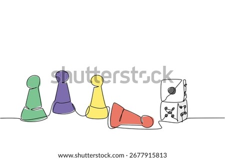 Continuous line drawing of colorful tabletop pawns with dice, symbolizing community, play, and celebration of International Tabletop Day in a cultural concept highlighting leisure and bonding