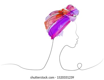 continuous line drawing and colorful watercolor of Afro woman. Shenbolen Ankara Headwrap Women African Traditional Headtie Scarf Turban. Vector icon logo isolated on white background 