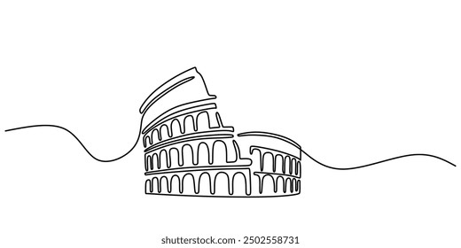 Continuous line drawing of the Colosseum in Rome. Ancient architecture illustrated in a simple linear style, representing one of Italy’s iconic structures.