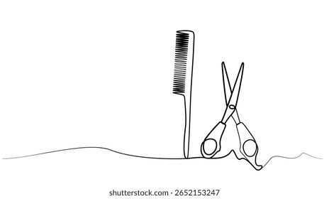 Continuous line drawing of comb and scissors. vector illustration