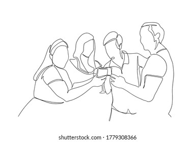 Continuous line drawing of company of friends celebrating.. Continuous one line drawing, vector of group people cheering with glasses of wine or champagne. Man and woman in party celebration. 