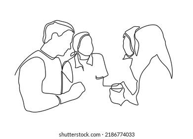 Continuous line drawing of company of friends dining in restaurant. Group of young people sitting together and talking. Friends rest and communicate. Continuous line art drawing style.