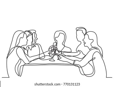 Continuous Line Drawing Of Company Of Friends Dining In Restaurant