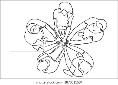 
Continuous line drawing company of people, top view, holding hands circle. The concept of agreement, alignment, teamwork, support.