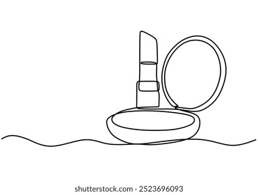 Continuous line drawing of a complete set of makeup tools. Represents beauty and creativity in an elegant design.