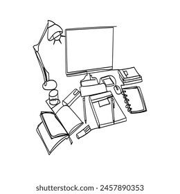 Continuous line drawing. A computer and books on a desk, perfect for studying or working from home. Icon vector illustration