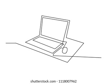 continuous line drawing of computer desk furniture vector illustration technology concepts.