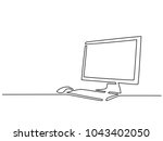 Continuous line drawing. Computer monitor with keyboard and mouse. Vector illustration