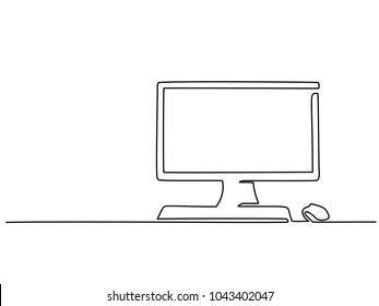 Continuous line drawing. Computer monitor with keyboard and mouse. Vector illustration