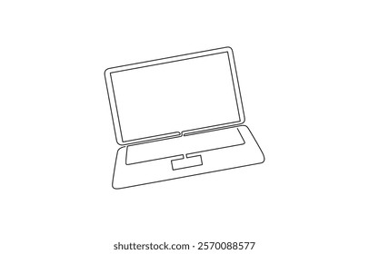 Continuous line drawing of a computer monitor. Linear background of laptop, One continuous line drawing of computer laptop, and a cup of coffee. Vector illustration.